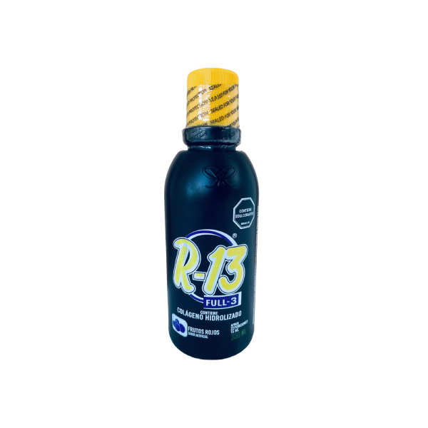 Bebida R 13 con Proteína Hidrolizada de Colágeno y Suero de Leche R 13 es una bebida única y refrescante que combina la proteína hidrolizada de colágeno y la proteína aislada de suero de leche. Presentada en un práctico envase de 330 ml con un delicioso sabor a frutos rojos, es la opción perfecta para complementar tu alimentación diaria. ¿Cómo se usa? Es muy sencillo. Solo debes tomar una copa de 15 ml, utilizando la tapa como medida. Lo mejor de todo es que no requiere azúcar, por lo que puedes disfrutarla sin preocupaciones. Ingredientes Esta bebida está elaborada con ingredientes de alta calidad, cuidadosamente seleccionados para brindarte los mejores beneficios. Entre ellos se encuentran: Agua desionizada Proteína hidrolizada de colágeno Proteína aislada de suero de leche Maltodextrina Goma Xantan (Estabilizante) Sabor Proteína aislada de soya Miel de abejas Calcio Psyllium polvo Omega 3 Suclarosa (Edulcorante) Vitamina B9 Estevia (Edulcorante) Fosforo Sorbato de potasio (Preservante) Benzoato de sodio (Preservante) Vitamina C Vitamina B3 Hierro Zinc Vitamina B5 Inulina (Fibra soluble) Vitamina B6 Manganeso Vitamina B2 Vitamina B1 Cromo Lecitina Vitamina D3 Biotina Yodo Selenio Vitamina A Vitamina E Recomendaciones Es importante tener en cuenta que R 13 es una bebida líquida y no debe considerarse como un medicamento ni como un sustituto de una alimentación equilibrada. Si eres sensible a alguno de los ingredientes, se recomienda no exceder su consumo. Método de Conservación Para conservar la calidad y frescura de este producto, se recomienda mantenerlo en su empaque original, en un lugar fresco y seco, protegido de la luz directa del sol. Una vez destapado, se debe consumir en el menor tiempo posible para disfrutar al máximo de sus beneficios. Registro Sanitario INVIMA RSAV 19I22015