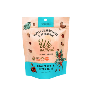 Mezcla de maní, almendras, marañón, arándanos deshidratados y sal del Himalaya, ideal para snacks saludables y recetas diversas