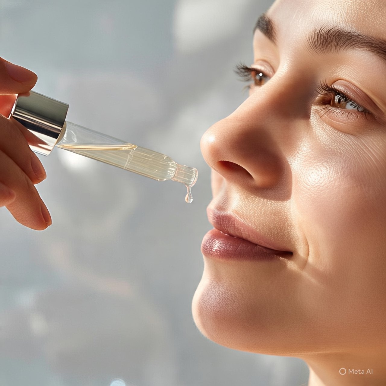 Mujer aplicando sérum de ácido hialurónico en su rostro como parte de su rutina de cuidado facial.