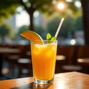 Vaso de jugo de mango natural servido con hielo y rodajas de lima, acompañado de mangos frescos sobre una mesa tropical.