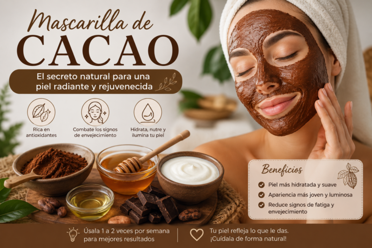 Mujer aplicando una mascarilla facial de cacao casera con miel, yogur y aceite de coco para hidratar y rejuvenecer la piel de forma natural.