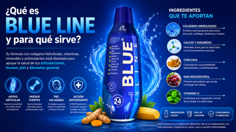 Botella de Blue Line, suplemento alimenticio líquido con colágeno hidrolizado, NAD Resveratrol, calcio, magnesio y vitamina K.